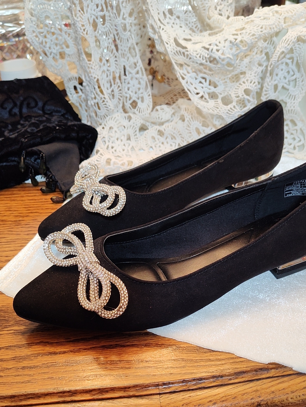Jones New York Black Pointed Toe Flats with Crystal Loop Accent